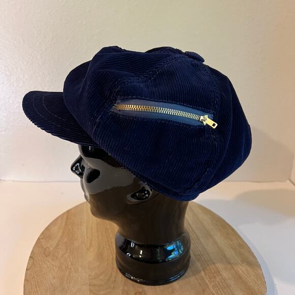 Vintage 1970s Blue 100% Cotton Corduroy Newsboy Slouchy Zipper Hat One Size - Picture 6 of 12